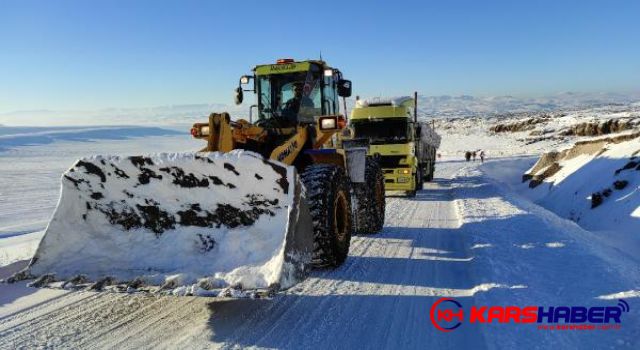 TIR, Kars'ın karlı yolunda rampada kaldı