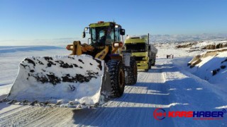 TIR, Kars'ın karlı yolunda rampada kaldı